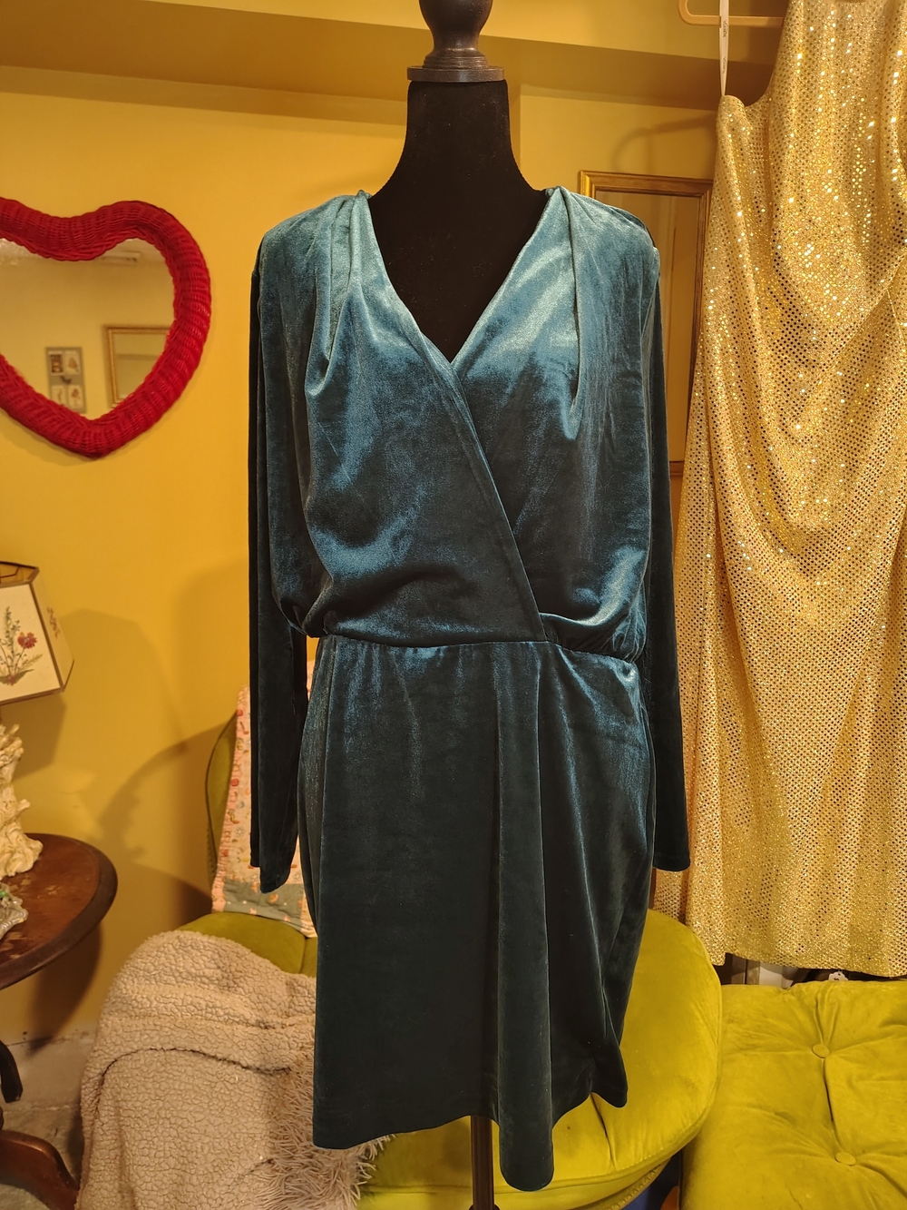 Banana Republic Green Velvet Long-Sleeve Wrap Dress